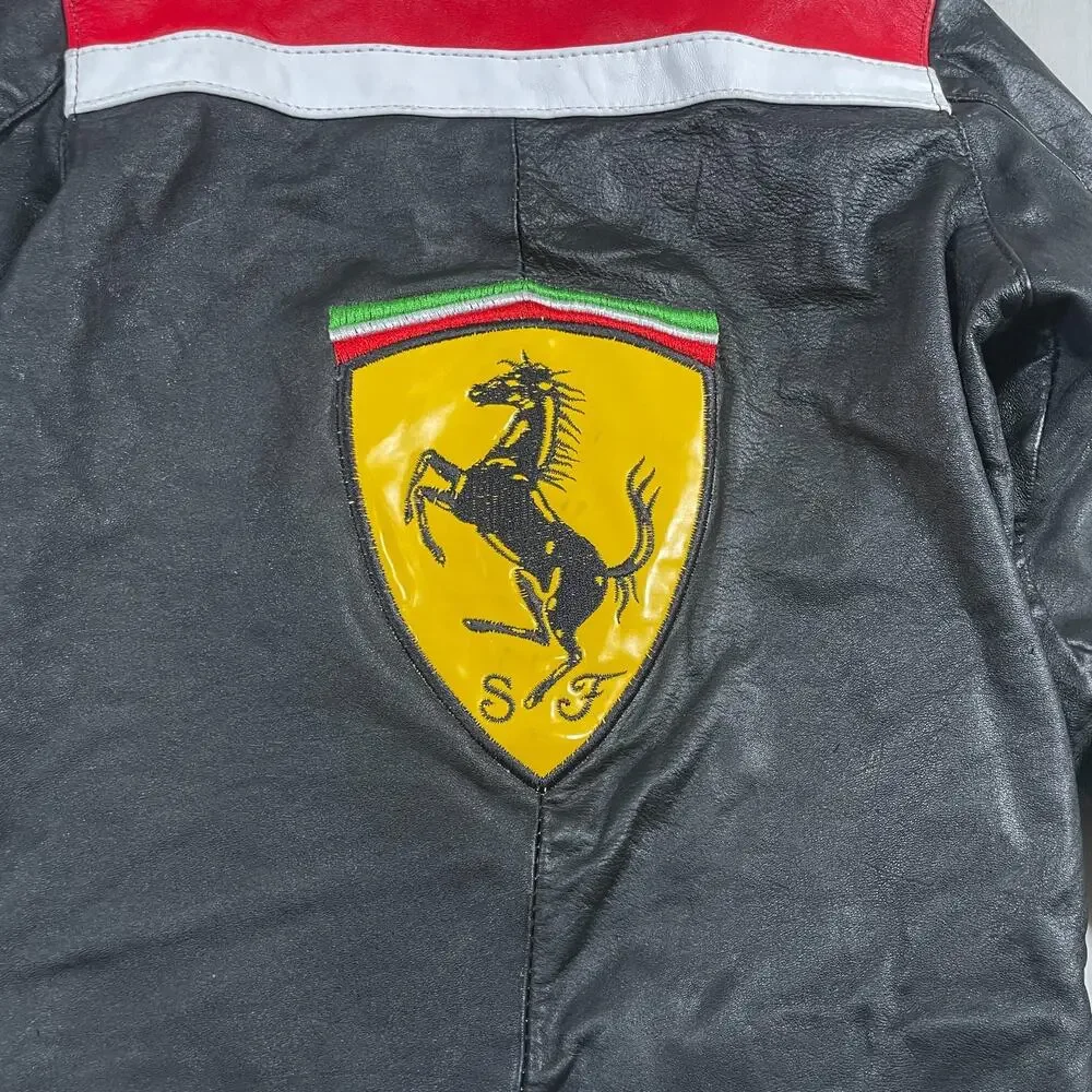 Ferrari Kids Size 4 Racing Leather Jacket Vintage Style Black Red Racing F1